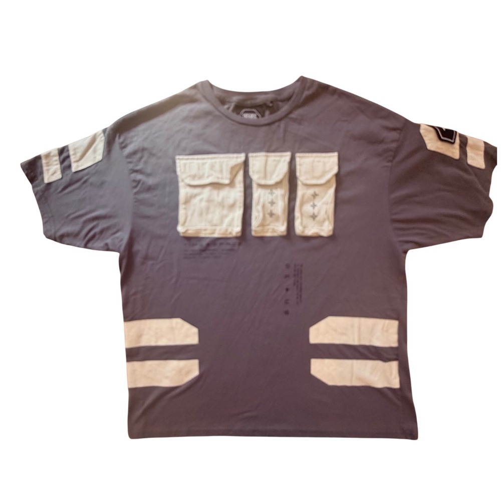 Time + Space Mens 2XL Tactical Grey Utility‎ Cargo Pocket Streetwear T-Shirt